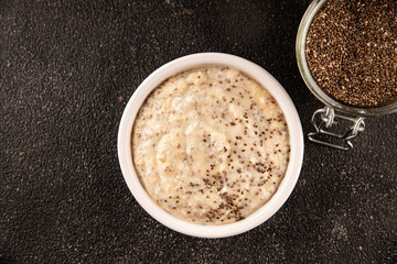 Chia pudding fruit puree tasty snack fresh delicious gourmet food background on the table rustic food top view copy space keto and paleo diet vegan and vegetarian food