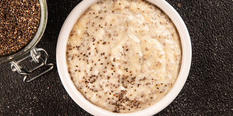 Chia pudding fruit puree tasty snack fresh delicious gourmet food background on the table rustic food top view copy space keto and paleo diet vegan and vegetarian food