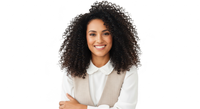 Smiling young woman with voluminous curly hair wearing a white shirt portrait transparent background