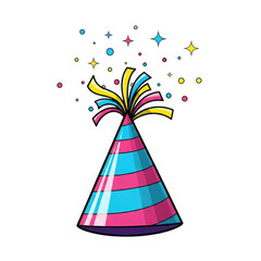 A cheerful party hat with confetti isolated on transparent background, perfect for birthday celebrations, festive events, and fun occasions with colorful design