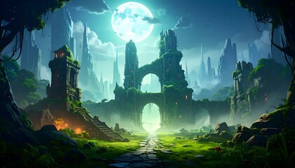 Mystical ruins under a full moon