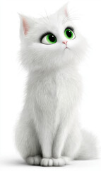 Fototapeta premium Captivating fluffy white kitten with huge green eyes, looking up
