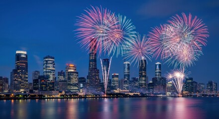 Fireworks explode over a city skyline at night