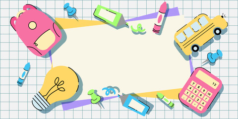 Banner Poster Background with Supplies Backpack, School Bus, Calculator, Light Bulb on Notebook Cage Background. Template with Education Flat Elements, Text Place for Sale, Advertising. Back to School