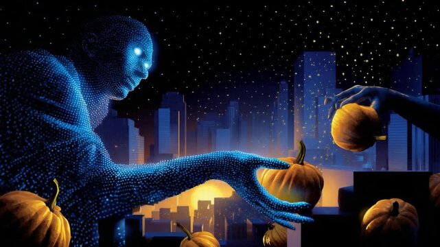 Blue man made of dots extends hand with pumpkin over city skyline at night. Halloween fantasy concept illustration for holiday.