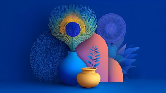 Colorful 3D illustration of Janmashtami celebration with decorative vases, peacock feather, mandala art and vibrant gradient background symbolizing Lord Krishna. - Powered by Adobe