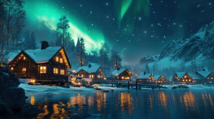 Fototapeta premium A serene winter scene featuring cozy cabins illuminated under the Northern Lights, reflecting beautifully on a calm lake.