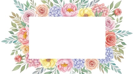 Watercolor Floral Frame Elegant Botanical Border with Roses, Hydrangeas, and Delicate Greenery for Invitations