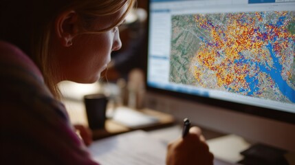 Side angle medium shot of an epidemiologist monitoring evolving hotspots of H5N1 on a GIS map with the person in precise focus while the environment remains subtly blurred.