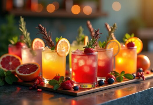 craft cocktail garnishes artfully arranged vibrant bar countertop colorful fresh decorative accents, ingredients, herbs, fruits, lime, lemon, basil