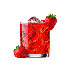 Refreshing Strawberry Iced Drink in Glass with Ice Cubes and Fresh Strawberries