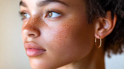 Portrait of young mixed-race woman with curly hair, round gold earring in ear and freckled glowing skin in soft natural light. Concept of natural beauty, uniqueness diverse faces