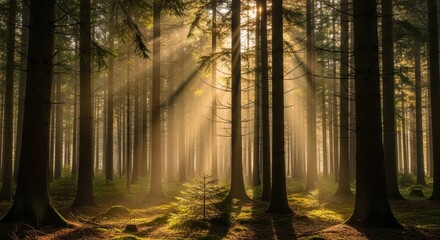 Fototapeta premium Sunlight streams through dense forest illuminating the woodland floor creating a magical atmosphere