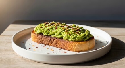 Freshly made avocado toast served on a white ceramic plate, a classic and healthy morning breakfast in the sunlight.