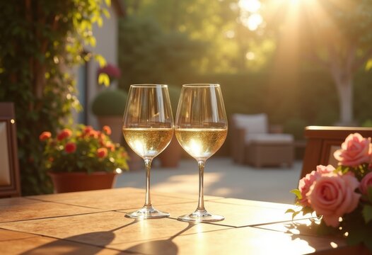 elegant crisp white wine glasses gleaming sunlit patio breathtaking outdoor ambiance serenity, beverage, sunlight, nature, cellar, decanter, table - Powered by Adobe