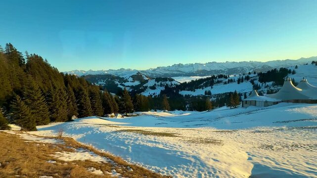 View from the window on the Rigi mountain railway. Switzerland. Magnificent mountain scenery at sunset.