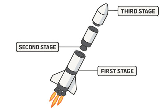 Rocket stages diagram illustrating first, second, and third stage components with propulsion features and labels