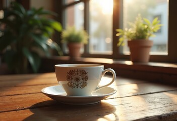 Fototapeta premium elegant espresso cup resting rustic wooden table capturing cozy coffee shop ambiance, ceramic, beverage, brew, aroma, steam, vintage, texture, homely