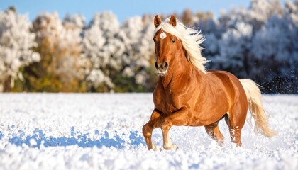Majestic horse running in snowy winter landscape.