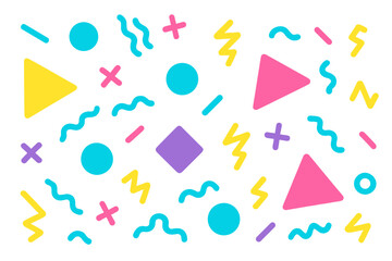 Colorful geometric shapes create a vibrant abstract design on a white background