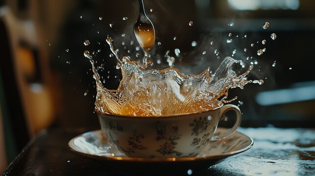 Tea splashes from a cup as someone stirs it vigorously with a spoon in a cozy kitchen setting