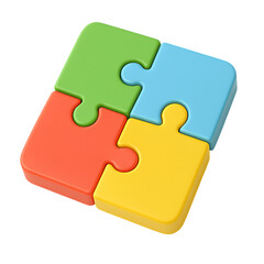 Four colorful puzzle pieces connected forming a square pattern symbolizing teamwork transparent background