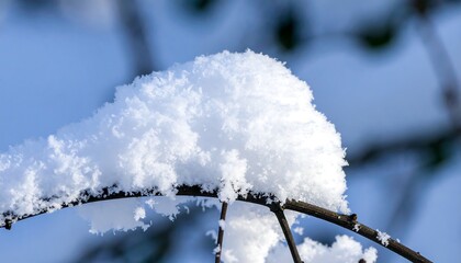 A close-up view of a cluster of fluffy snow atop a dark, slender branch against a bright, clear blue sky.