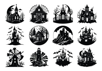 Assortment of haunted house silhouettes, gothic architecture, and creepy buildings for halloween