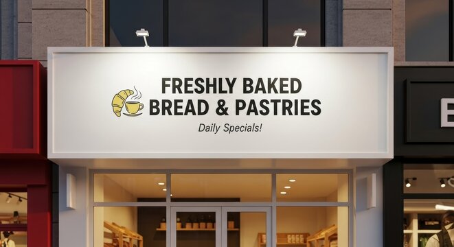Bakery Signage Mockup Freshly Baked Bread & Pastries Daily Specials on White Facade