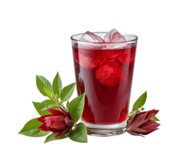 Red Iced Beverage with Two Red Flowers and Leaves red drink isolated on a transparent background