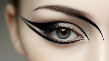 Naklejka premium Cosmetologist focuses on perfecting eyeliner artistry with precision and skill in a bright studio