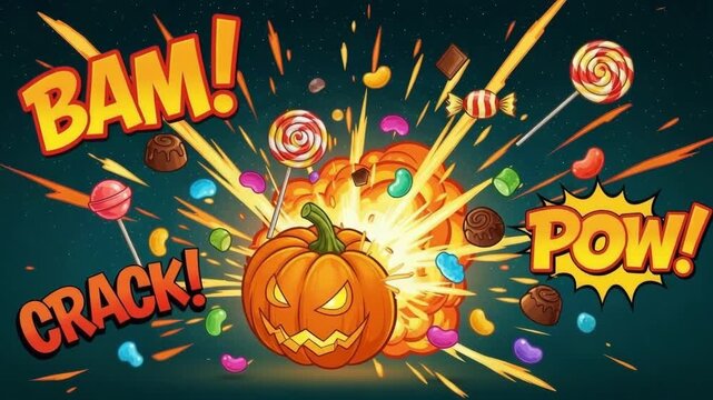 Jack O Lantern pumpkin exploding with vibrant Halloween candy and colorful comic phrase words for trick or treat.