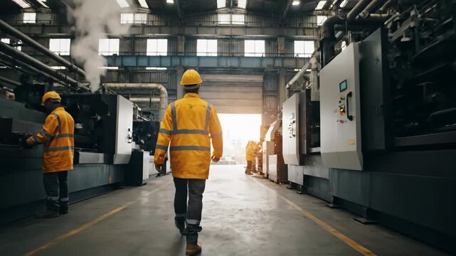 Industrial Worker Walking Through Factory - Back view of a male factory worker in a bright yellow safety jacket and helmet walking down a factory aisle.