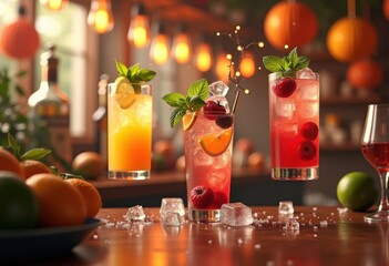 floating cocktail ingredients humorous visual composition vibrant fruits herbs ice spirits showcase, drink, mixture, color, vintage, bar, refreshing