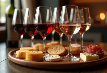 Naklejka premium elegant wine glasses displayed tray diverse varietals exuding sophistication luxury, beverage, red, white, champagne, spirits, sophisticated, tasting