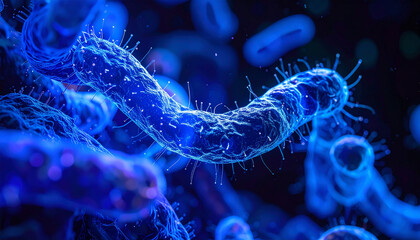 Microscopic view of bioluminescent bacteria forming glowing swirls in deep blue tones.