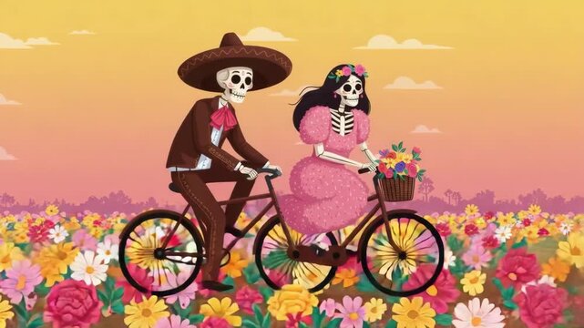 Skeleton man and woman riding bicycle through a vibrant flower field for Day of the Dead celebration.