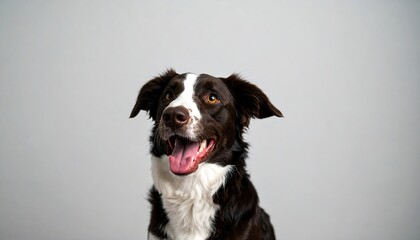 A charming border collie with a happy expression, set against a neutral backdrop, displays a playful and inquisitive mood.