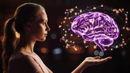 Woman with holographic brain visualization and neural network connections. Artificial intelligence concept, digital mind technology, neuroscience research, cognitive computing innovation. - Powered by Adobe