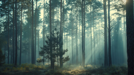 Fototapeta premium Misty Pine Forest with Sun Rays at Dawn