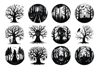 Collection of spooky halloween trees and haunted forest silhouettes with pumpkins, skulls, and bats isolated on white background