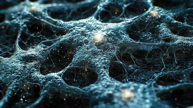 Closeup of neural network with glowing spots on bumpy bluegray surface  interconnected weblike strands
