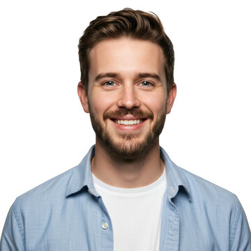 Smiling man with beard wearing light blue shirt headshot portrait against dark backdrop transparent background