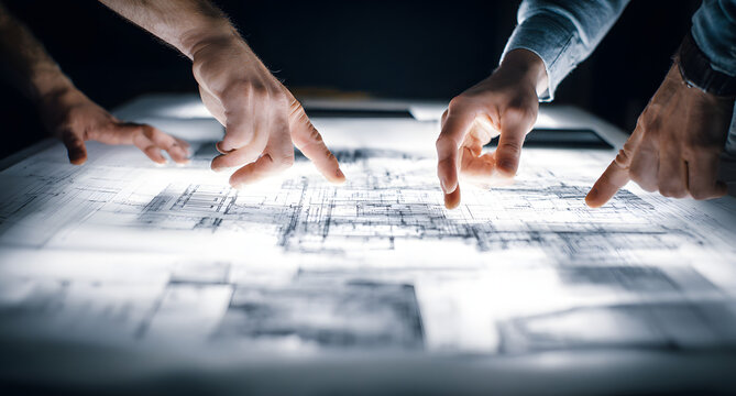 Hands pointing at architectural plans on a light table for design and review process overview