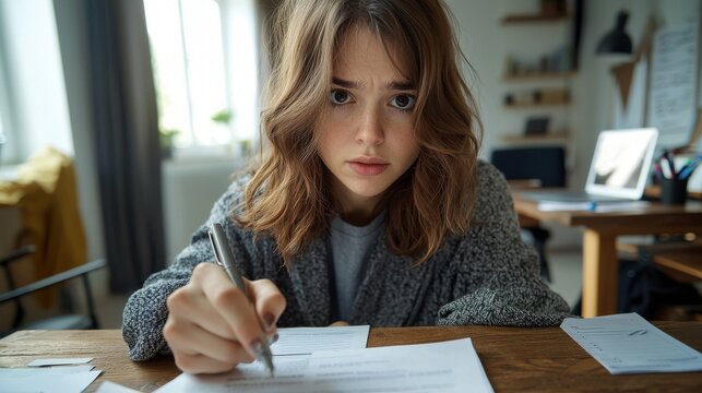 Interview anxiety evident in young woman's apprehensive expression while completing application forms with pen at wooden desk in bright home office