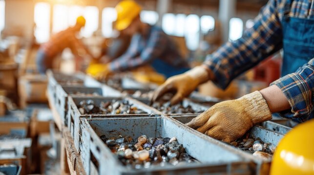 Closeup on hands sorting debris types into labeled bins with blurred workers and equipment in the background for organized waste management.