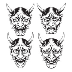 Illustration of four oni masks, each with unique expressions and intricate details in a striking black and white design