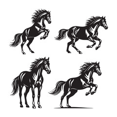 Illustration of four horses each horse is depicted in a different pose, all drawn in black and white with detailed shading