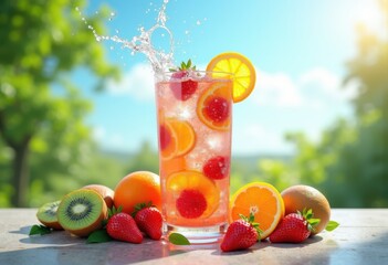 Fototapeta premium refreshing iced beverage colorful fruits splash delight summer drink vibrant refreshment healthy beverage mix, smoothie, cocktail, citrus, berry, lemonade, sparkling