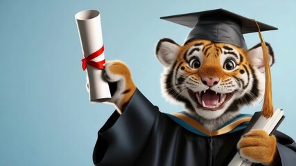 Cartoon tiger in graduation cap holding diploma joyfully against blue background. Back to School, School Season, First Day of School - Education Supplies, Academic Year Beginning - Powered by Adobe